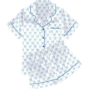 Ekouaer Womens Silk Satin Pajama Sets Soft Short Sleeve Button Up Sleepwear(D-bow Knot White Blue)