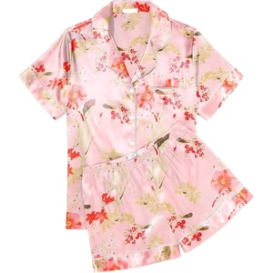 Ekouaer Womens Silk Satin Pajama Sets Soft Short Sleeve Button Up Sleepwear(Floral Pink)