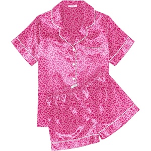Ekouaer Womens Silk Satin Pajama Sets Soft Short Sleeve Button Up Sleepwear(Leopard Hot Pink)