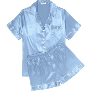 Ekouaer Womens Silk Satin Pajama Sets Soft Short Sleeve Button Up Sleepwear(Light Blue)