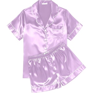 Ekouaer Womens Silk Satin Pajama Sets Soft Short Sleeve Button Up Sleepwear(Lilac)