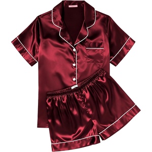 Ekouaer Womens Silk Satin Pajama Sets Soft Short Sleeve Button Up Sleepwear(Wine Red)