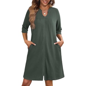 Ekouaer Zipper Robes for Women 3/4 Sleeve Waffle Knit Bathrobe Lightweight Short Housecoat with Pockets Soft Loungewear(Dark Green)