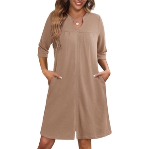 Ekouaer Zipper Robes for Women 3/4 Sleeve Waffle Knit Bathrobe Lightweight Short Housecoat with Pockets Soft Loungewear(Khaki)