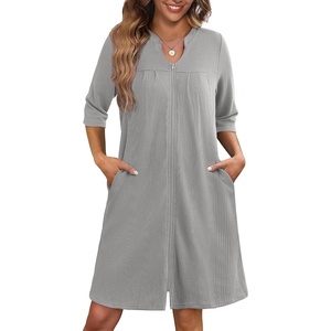 Ekouaer Zipper Robes for Women 3/4 Sleeve Waffle Knit Bathrobe Lightweight Short Housecoat with Pockets Soft Loungewear(Light Gray)
