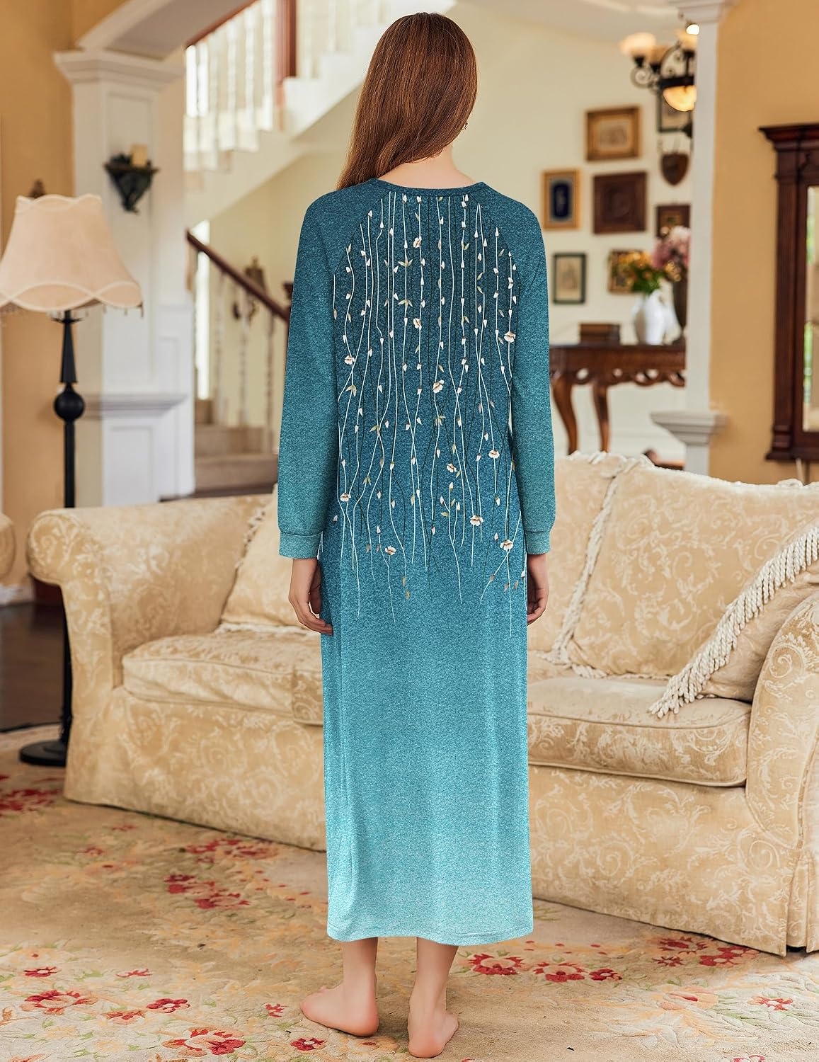 image:imageEkouaer Nightgown for Women Long Sleeve Sleepshirt Full Length NightshirtSparkling Branches Blue