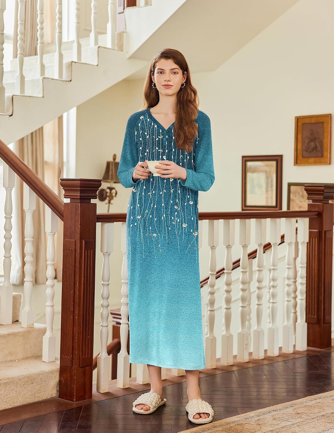 image:imageEkouaer Nightgown for Women Long Sleeve Sleepshirt Full Length NightshirtSparkling Branches Blue