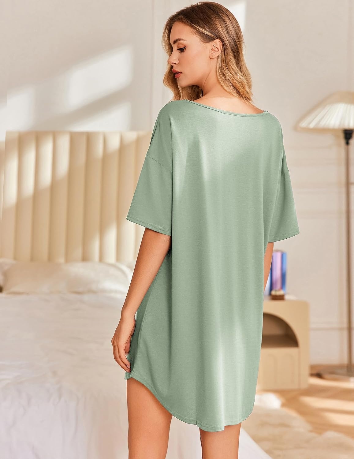image:imageEkouaer Nightgowns for Women Bamboo Viscose Short Sleeve SleepshirtLight Green