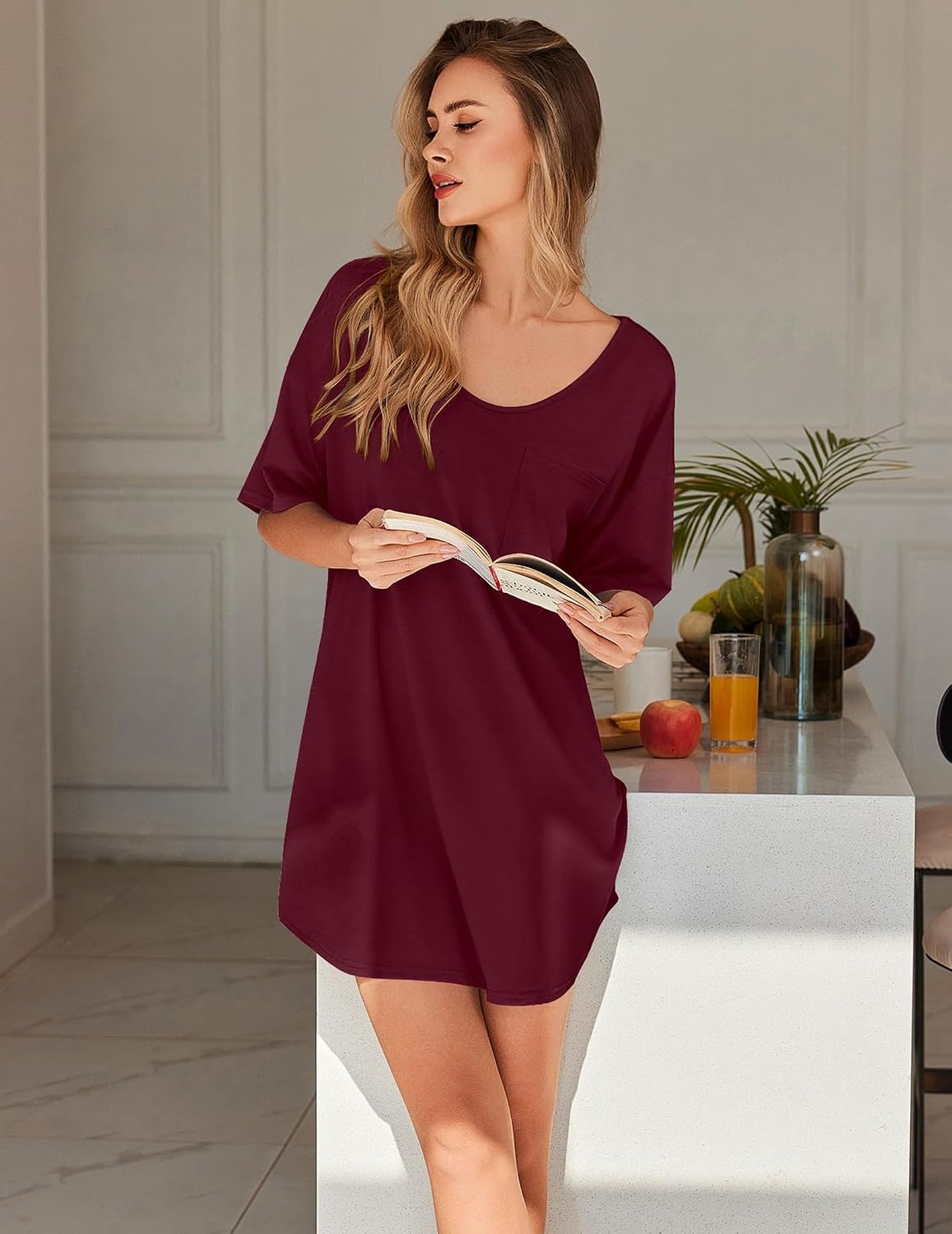 image:imageEkouaer Nightgowns for Women Bamboo Viscose Short Sleeve SleepshirtRed