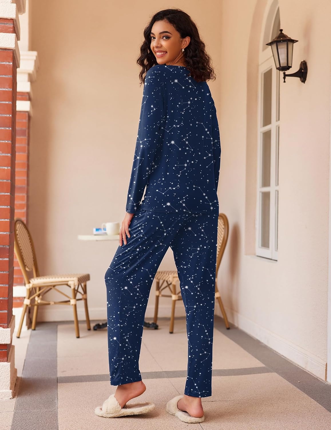 image:imageEkouaer Womens 2 Pack Pajama Sets Long Sleeve Lounge Set Soft Comfy PjsAlilac DotsNavy Star