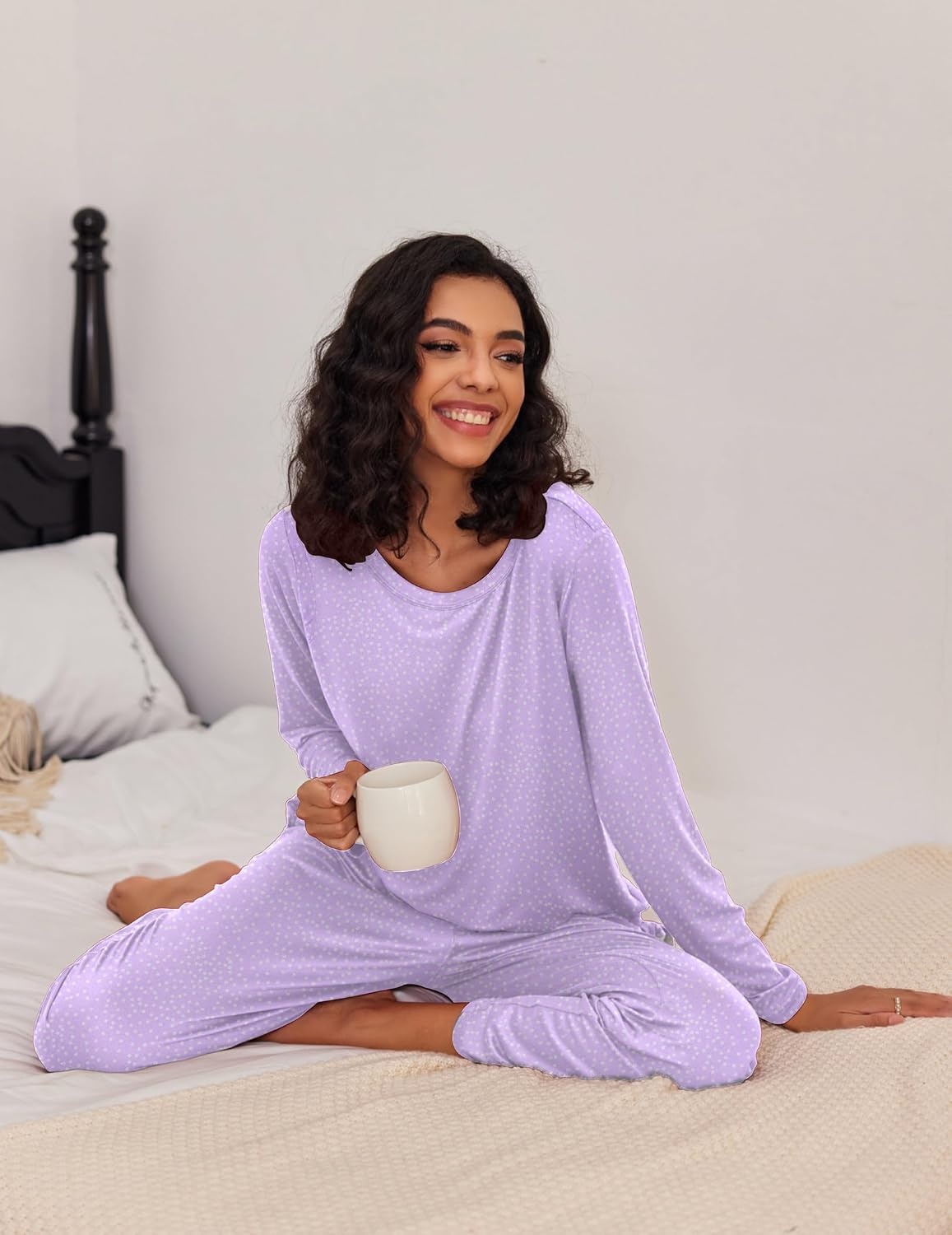 image:imageEkouaer Womens 2 Pack Pajama Sets Long Sleeve Lounge Set Soft Comfy PjsAlilac DotsNavy Star