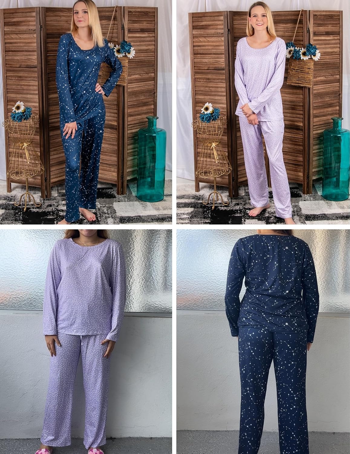 image:imageEkouaer Womens 2 Pack Pajama Sets Long Sleeve Lounge Set Soft Comfy PjsAlilac DotsNavy Star