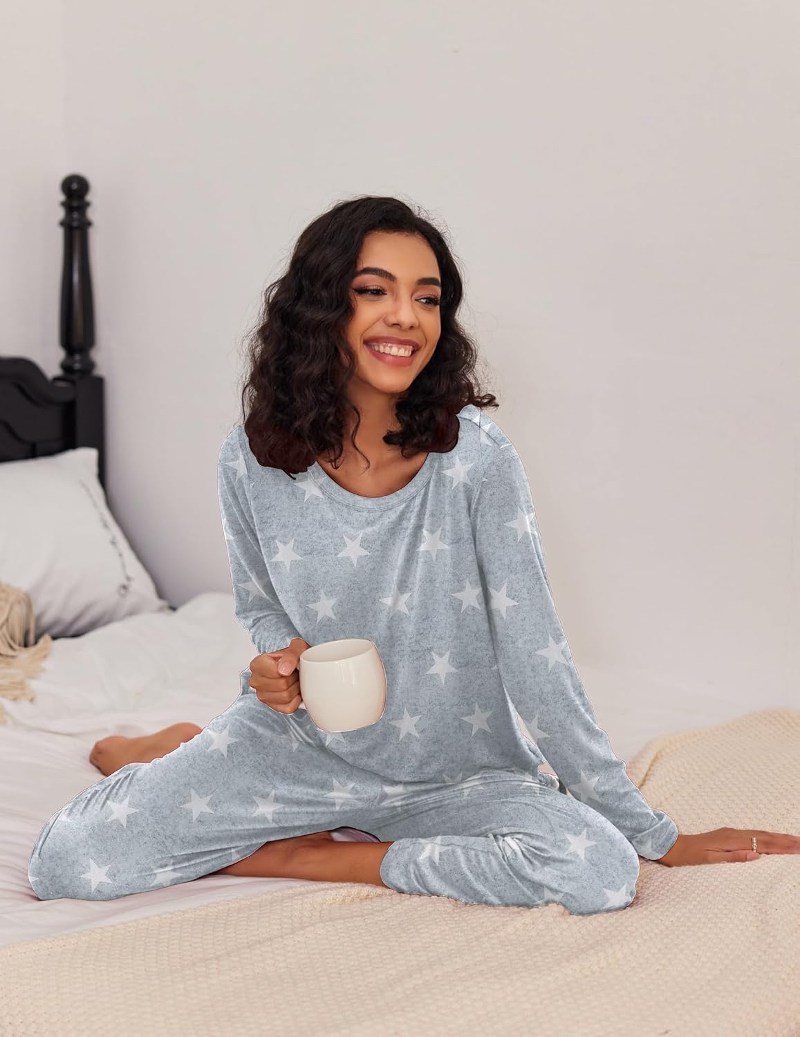 image:imageEkouaer Womens 2 Pack Pajama Sets Long Sleeve Lounge Set Soft Comfy PjsArose RedGray Star