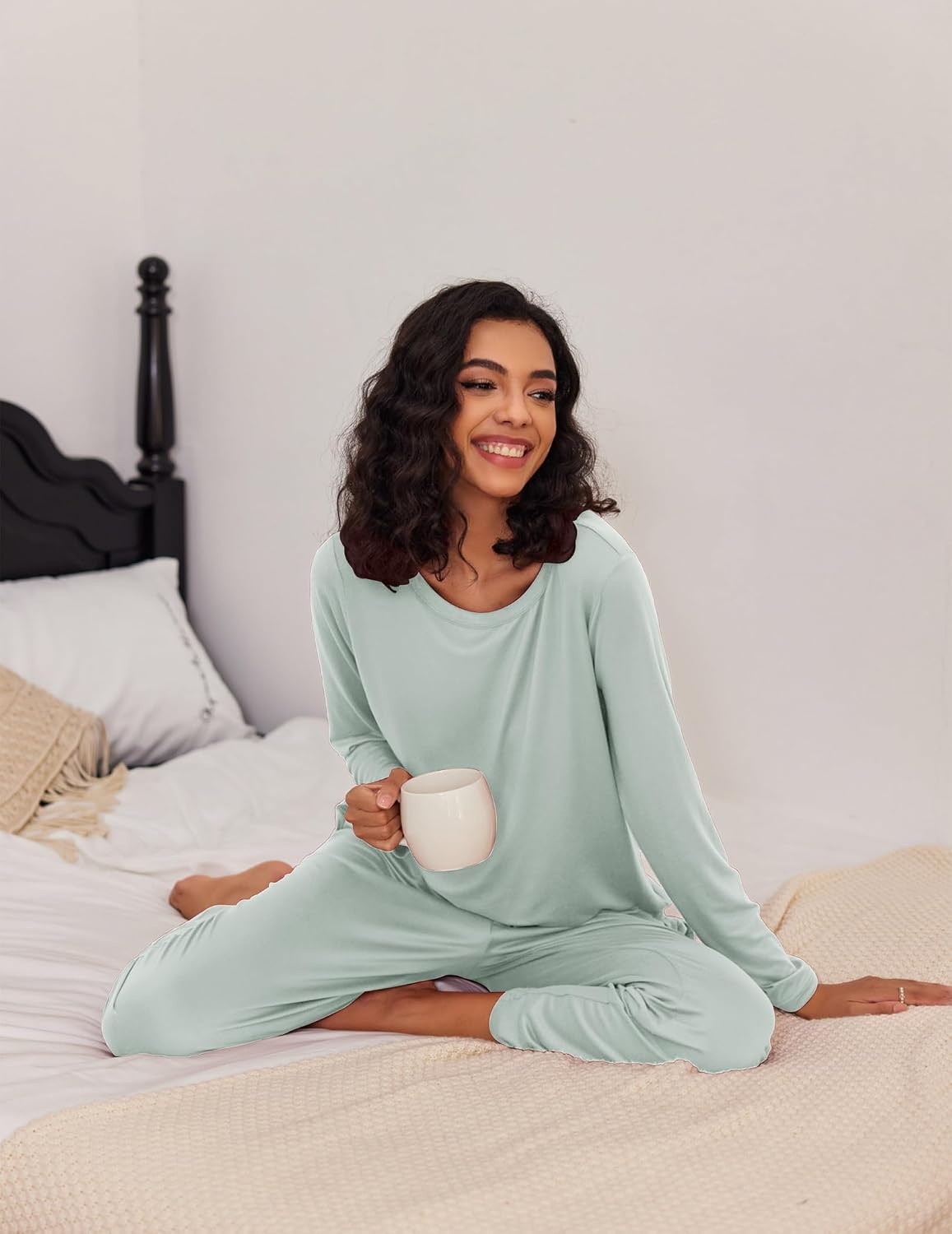 image:imageEkouaer Womens 2 Pack Pajama Sets Long Sleeve Lounge Set Soft Comfy PjsBlack StripeLight Green
