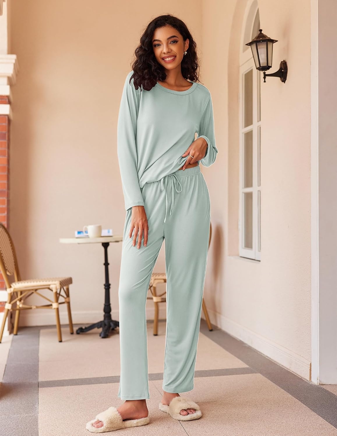 image:imageEkouaer Womens 2 Pack Pajama Sets Long Sleeve Lounge Set Soft Comfy PjsBlack StripeLight Green