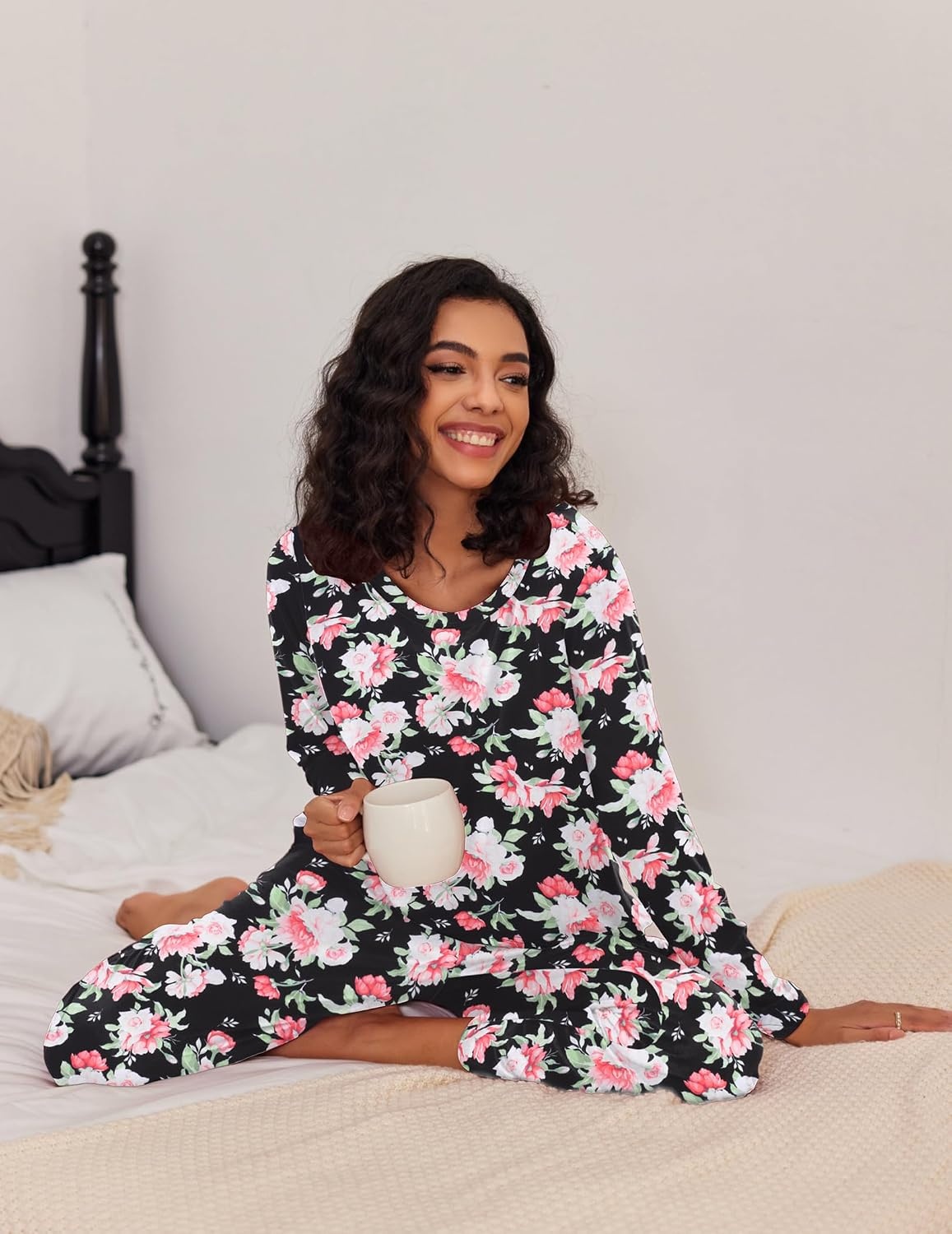image:imageEkouaer Womens 2 Pack Pajama Sets Long Sleeve Lounge Set Soft Comfy PjsBlackFlower