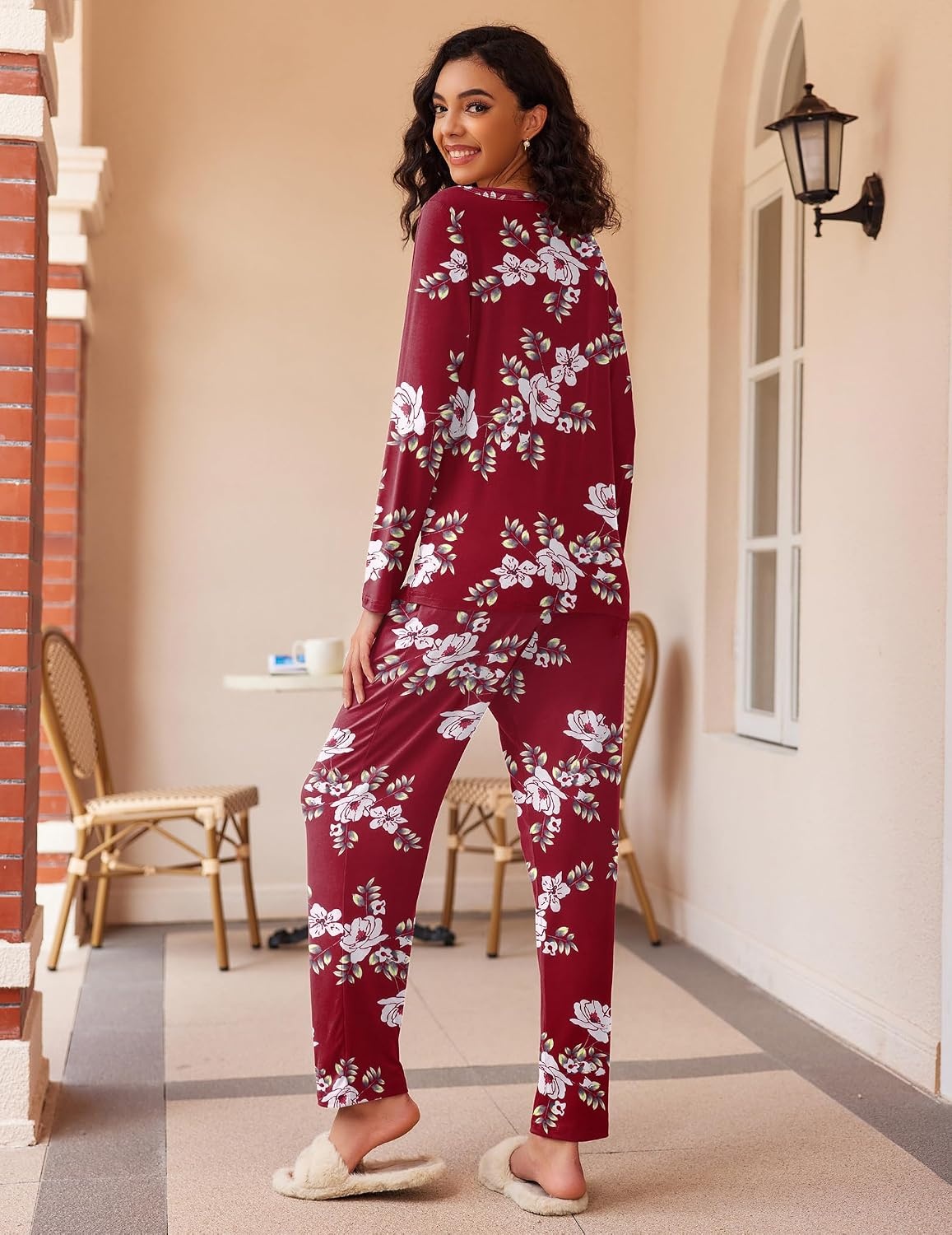 image:imageEkouaer Womens 2 Pack Pajama Sets Long Sleeve Lounge Set Soft Comfy PjsBlue FlowerWine Red Flower