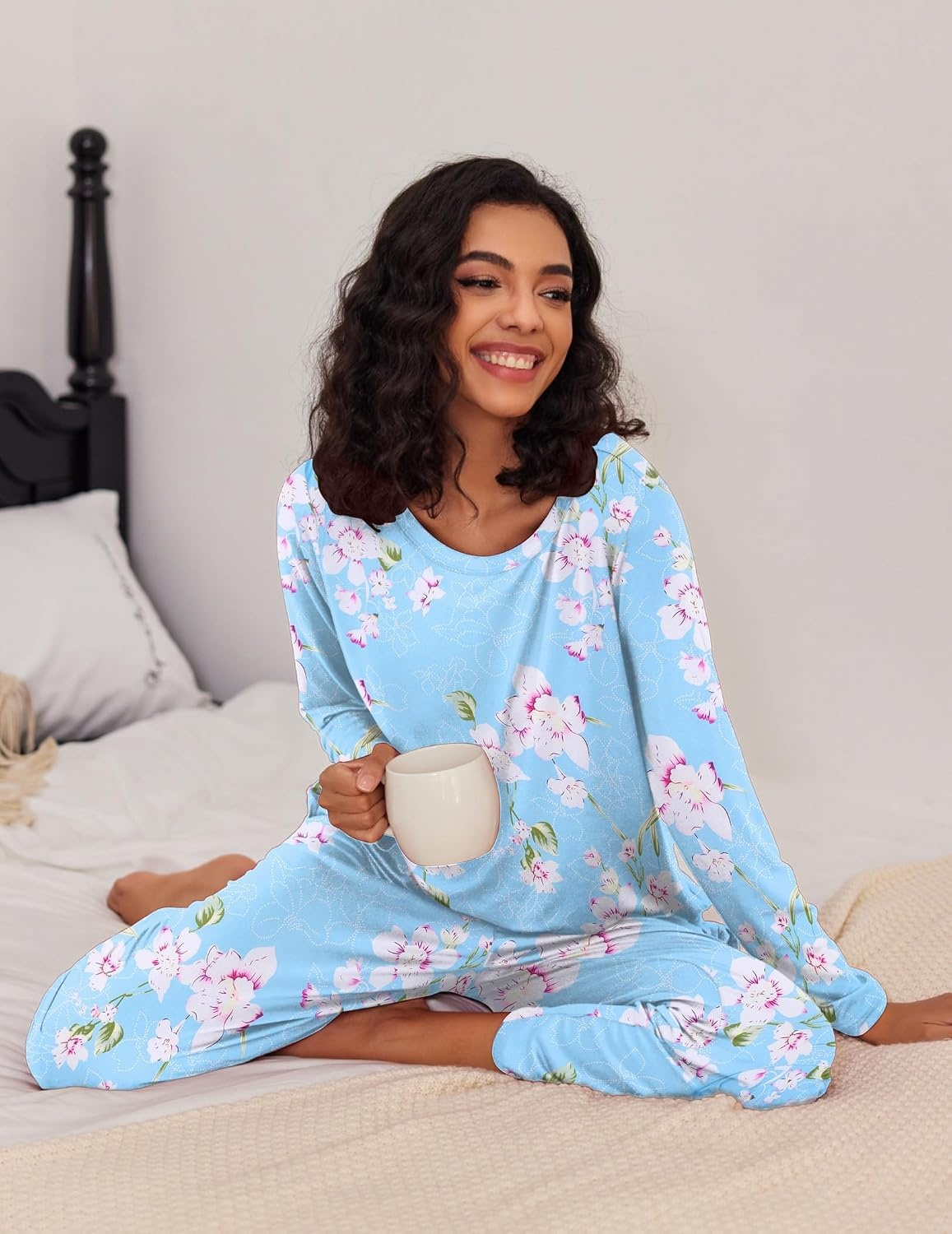 image:imageEkouaer Womens 2 Pack Pajama Sets Long Sleeve Lounge Set Soft Comfy PjsBlue FlowerWine Red Flower