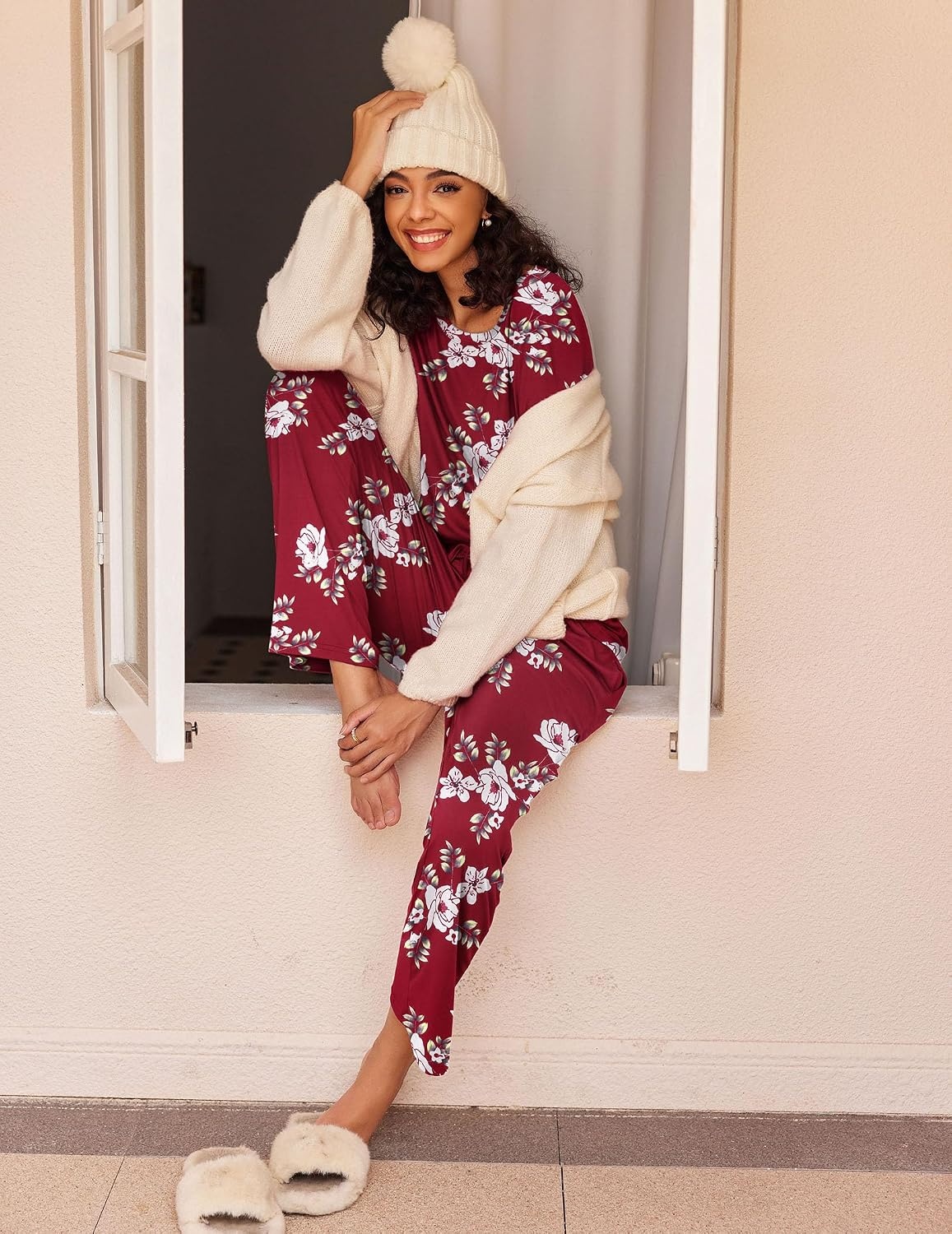 image:imageEkouaer Womens 2 Pack Pajama Sets Long Sleeve Lounge Set Soft Comfy PjsBlue FlowerWine Red Flower