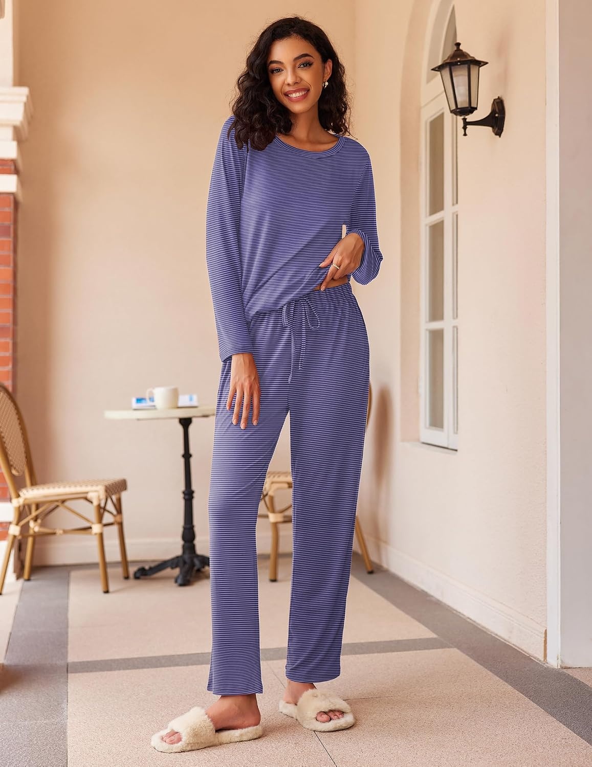 image:imageEkouaer Womens 2 Pack Pajama Sets Long Sleeve Lounge Set Soft Comfy PjsBlue StripeNavy Dots