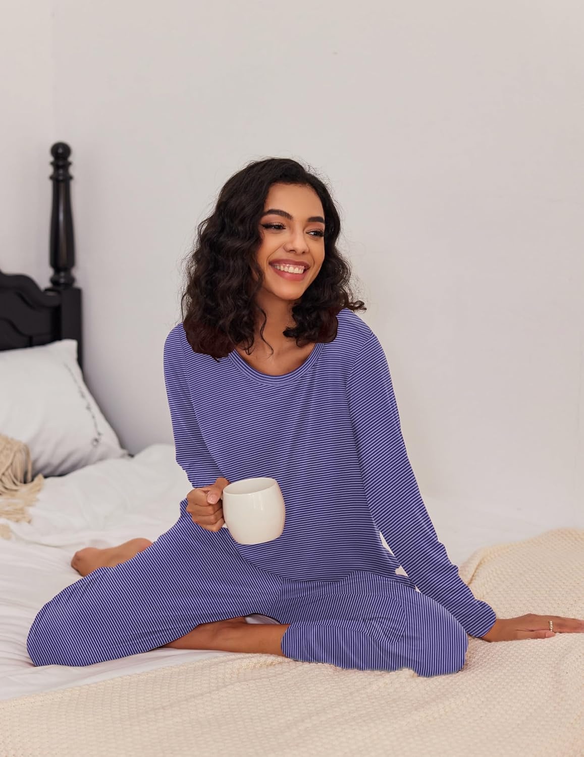 image:imageEkouaer Womens 2 Pack Pajama Sets Long Sleeve Lounge Set Soft Comfy PjsBlue StripeNavy Dots