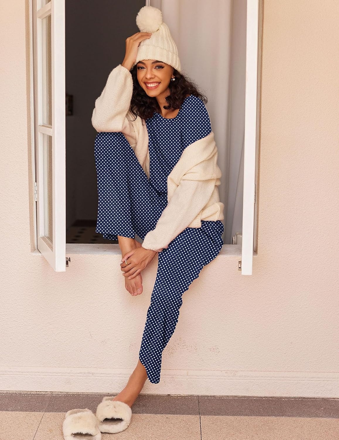 image:imageEkouaer Womens 2 Pack Pajama Sets Long Sleeve Lounge Set Soft Comfy PjsBlue StripeNavy Dots