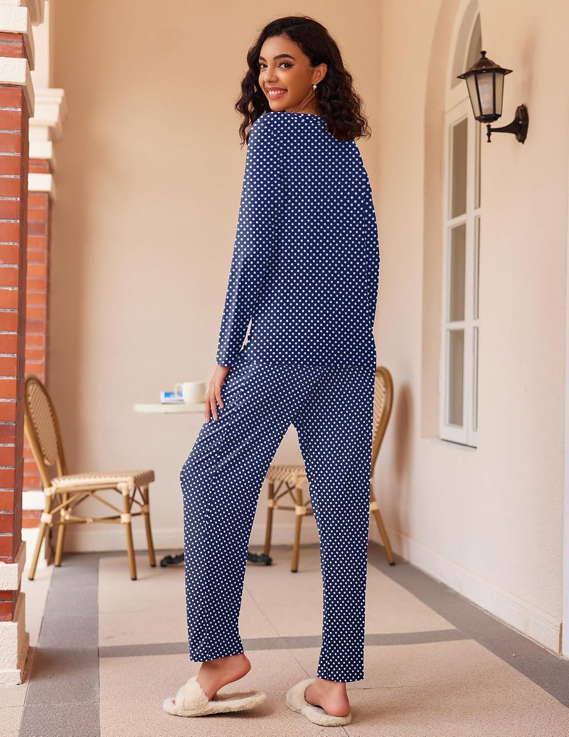 image:imageEkouaer Womens 2 Pack Pajama Sets Long Sleeve Lounge Set Soft Comfy PjsBlue StripeNavy Dots