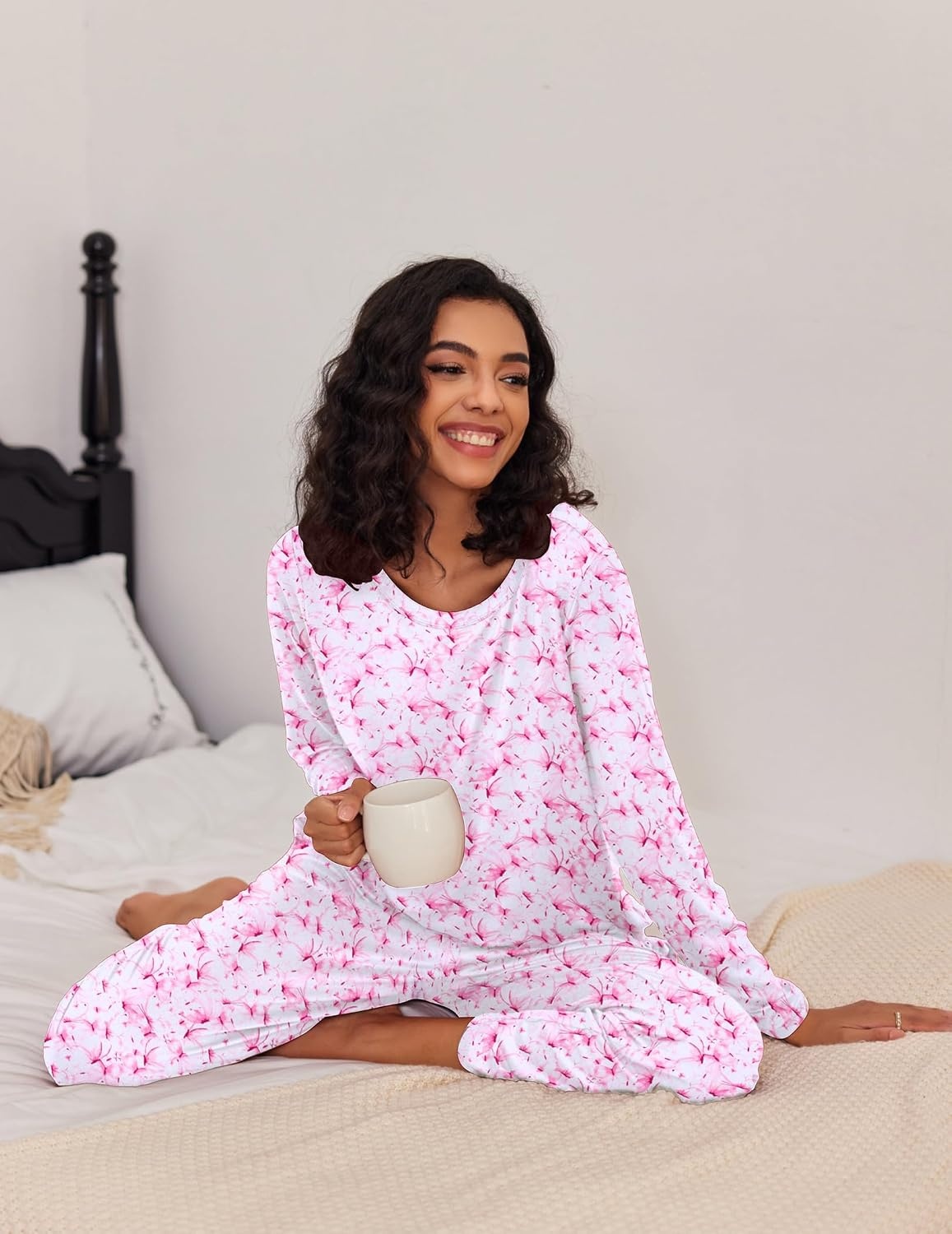 image:imageEkouaer Womens 2 Pack Pajama Sets Long Sleeve Lounge Set Soft Comfy PjsButterfly BlueButterfly Pink