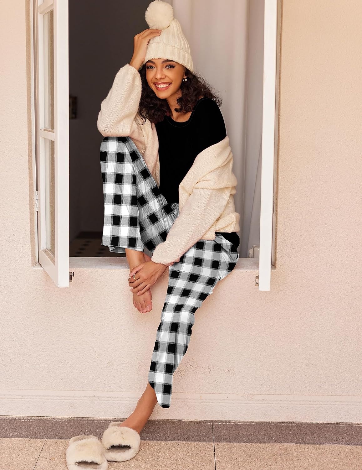 image:imageEkouaer Womens 2 Pack Pajama Sets Long Sleeve Lounge Set Soft Comfy PjsChristmas BlackBlack Plaid