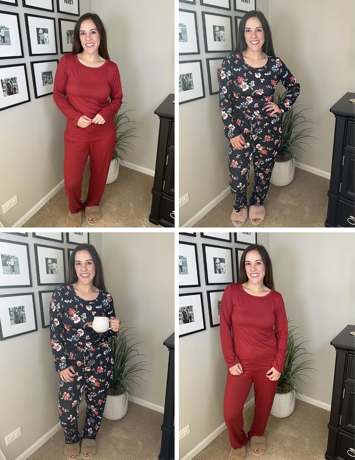 image:imageEkouaer Womens 2 Pack Pajama Sets Long Sleeve Lounge Set Soft Comfy PjsWine RedBlack Flower