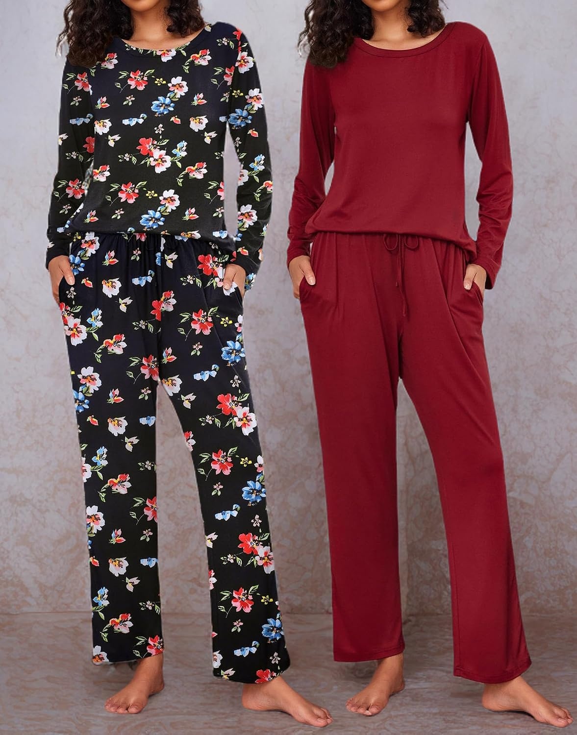 image:imageEkouaer Womens 2 Pack Pajama Sets Long Sleeve Lounge Set Soft Comfy PjsWine RedBlack Flower
