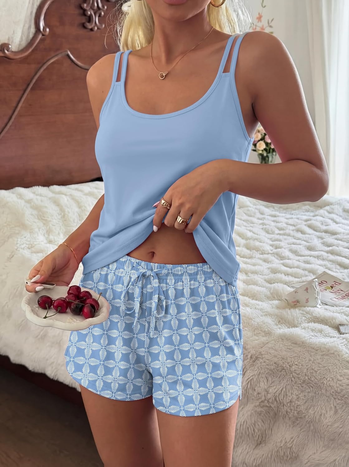 image:imageEkouaer Womens Cami Pajama Set Summer Tank Top and Shorts Set SXXLBlue Geometric Pattern