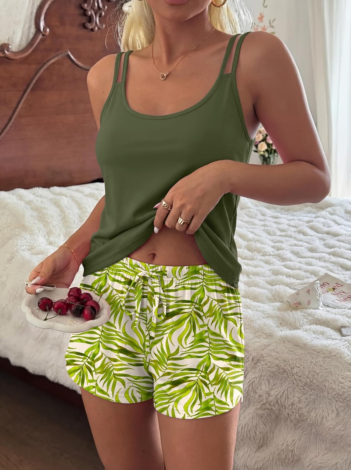image:imageEkouaer Womens Cami Pajama Set Summer Tank Top and Shorts Set SXXLGreen Leaves