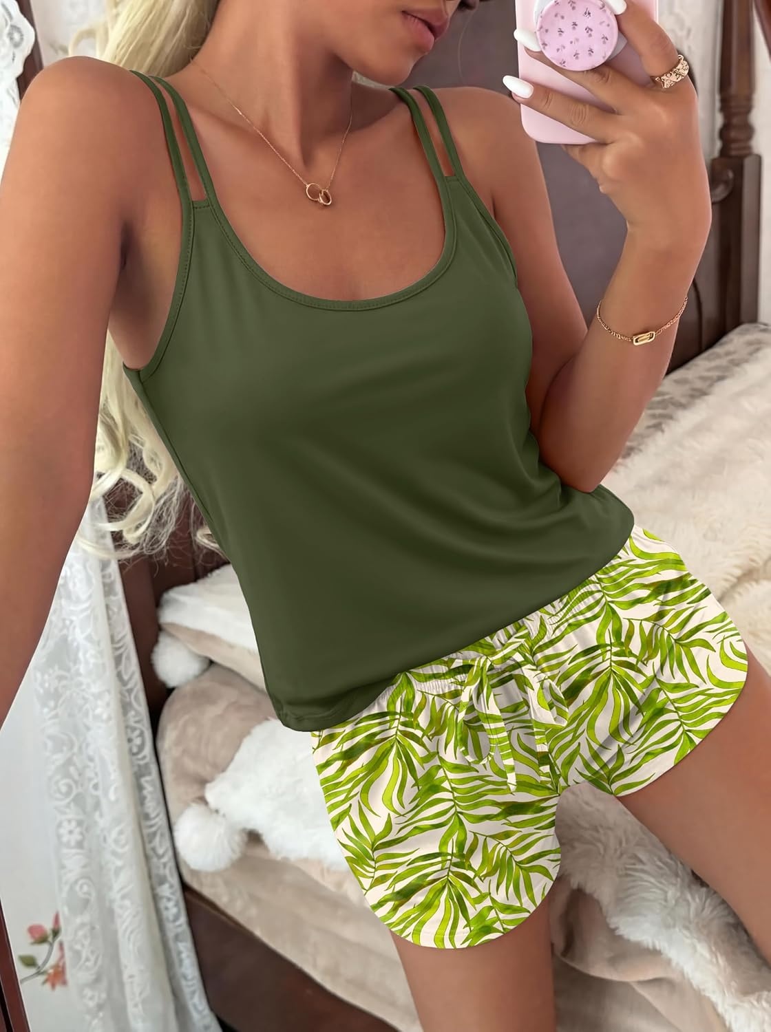 image:imageEkouaer Womens Cami Pajama Set Summer Tank Top and Shorts Set SXXLGreen Leaves