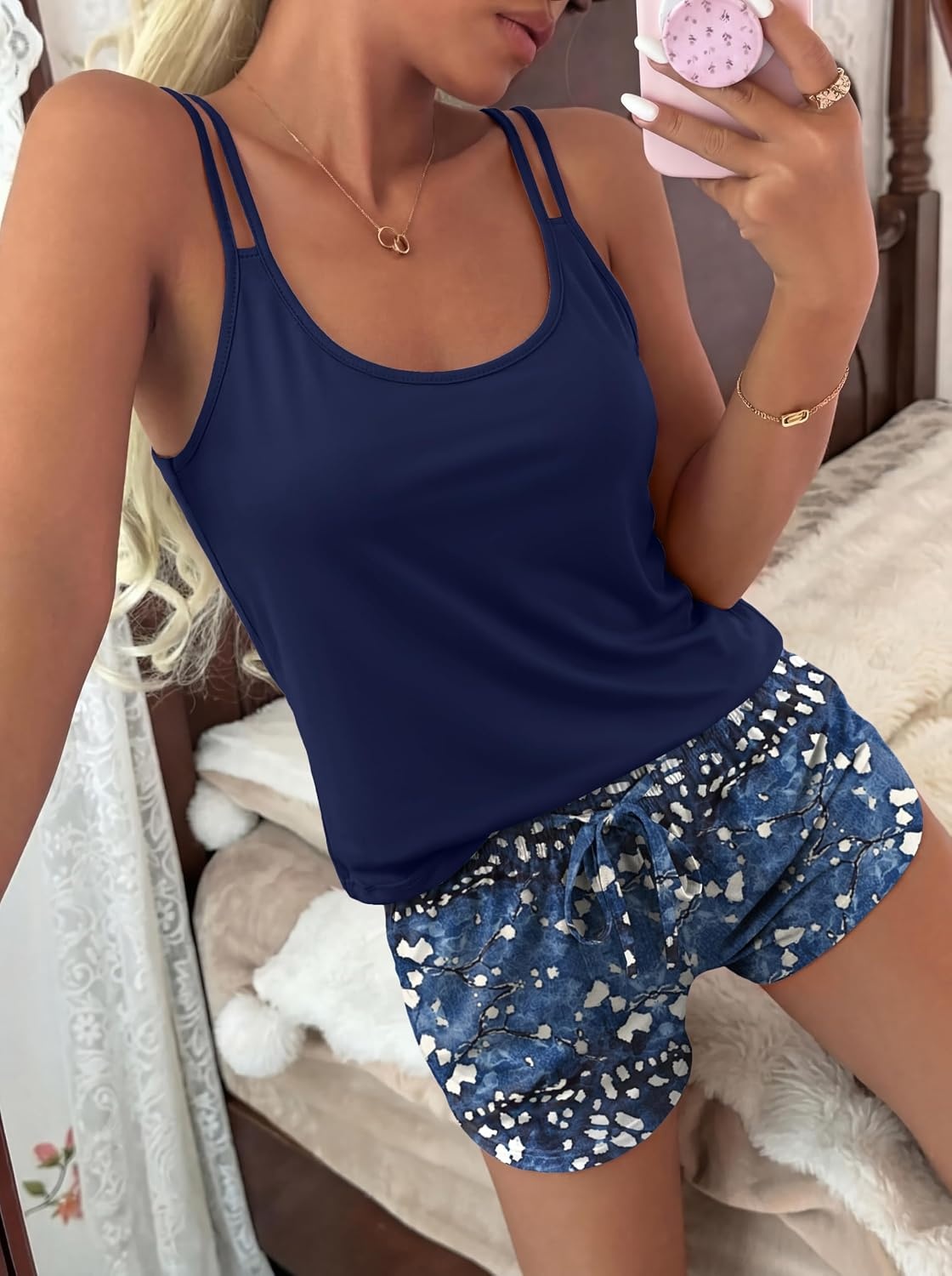 image:imageEkouaer Womens Cami Pajama Set Summer Tank Top and Shorts Set SXXLHawaii Blue Tie Dye