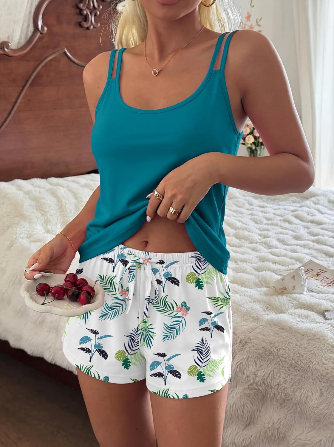 image:imageEkouaer Womens Cami Pajama Set Summer Tank Top and Shorts Set SXXLHawaii Green Plant