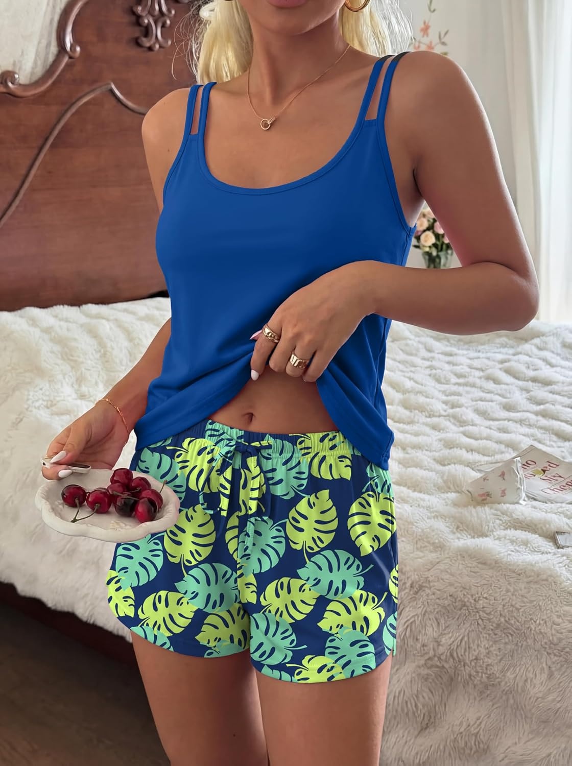 image:imageEkouaer Womens Cami Pajama Set Summer Tank Top and Shorts Set SXXLHawaiian Blue Green Leaves