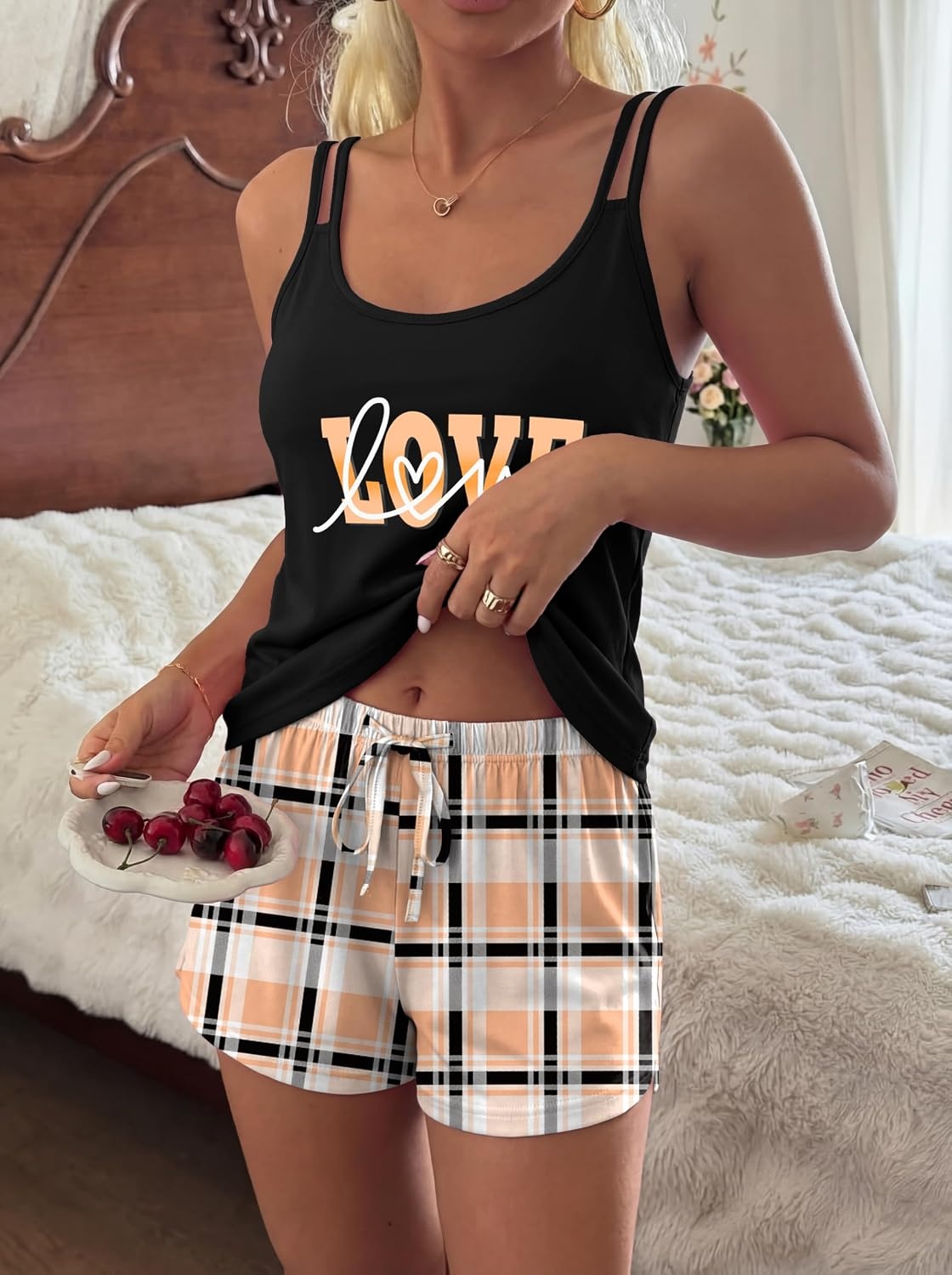 image:imageEkouaer Womens Cami Pajama Set Summer Tank Top and Shorts Set SXXLOrange Love Plaid
