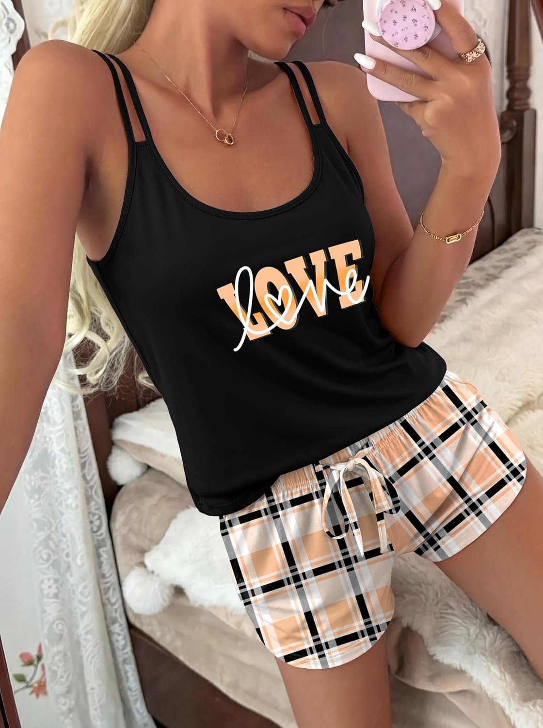 image:imageEkouaer Womens Cami Pajama Set Summer Tank Top and Shorts Set SXXLOrange Love Plaid
