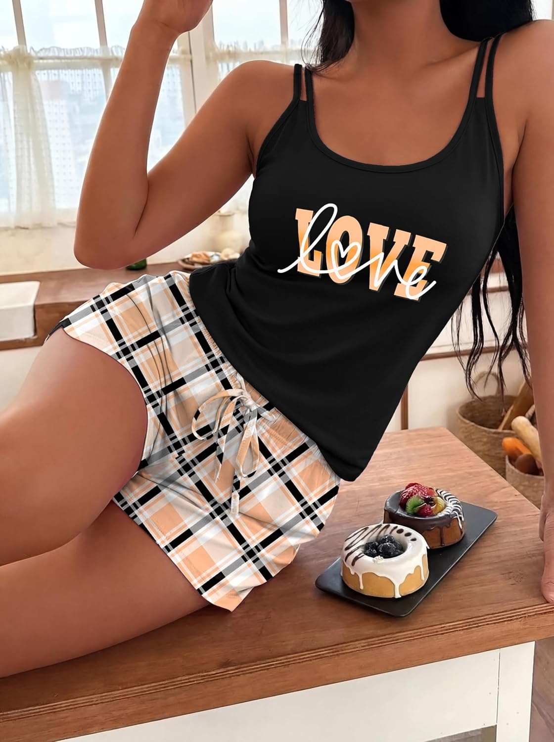 image:imageEkouaer Womens Cami Pajama Set Summer Tank Top and Shorts Set SXXLOrange Love Plaid