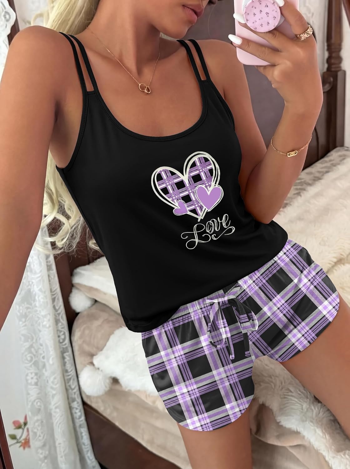 image:imageEkouaer Womens Cami Pajama Set Summer Tank Top and Shorts Set SXXLPurple Love Plaid