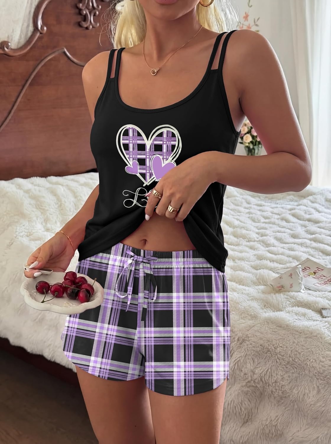 image:imageEkouaer Womens Cami Pajama Set Summer Tank Top and Shorts Set SXXLPurple Love Plaid