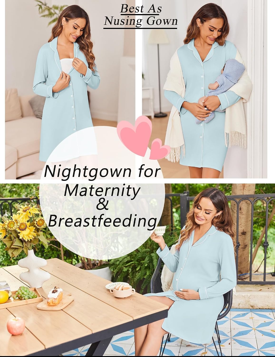 image:imageEkouaer Womens Nightgown Long Sleeve Nightshirt Soft Button Down SleepshirtLight Blue