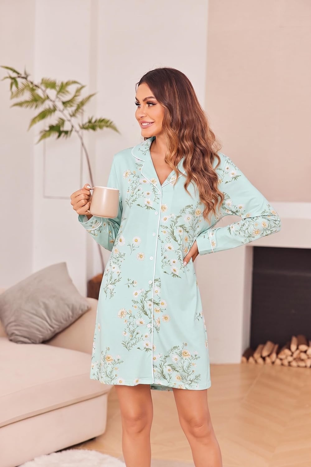 image:imageEkouaer Womens Nightgown Long Sleeve Nightshirt Soft Button Down SleepshirtLight Green Floral