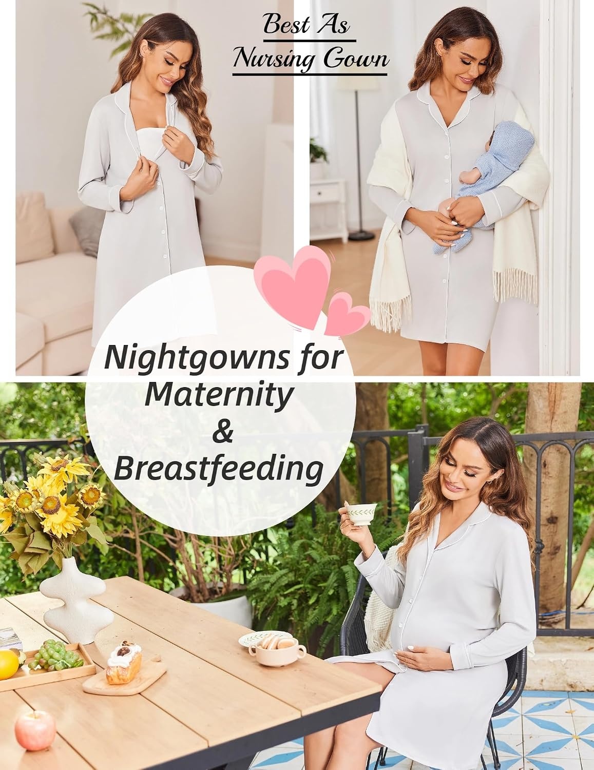 image:imageEkouaer Womens Nightgown Long Sleeve Nightshirt Soft Button Down SleepshirtLight Grey