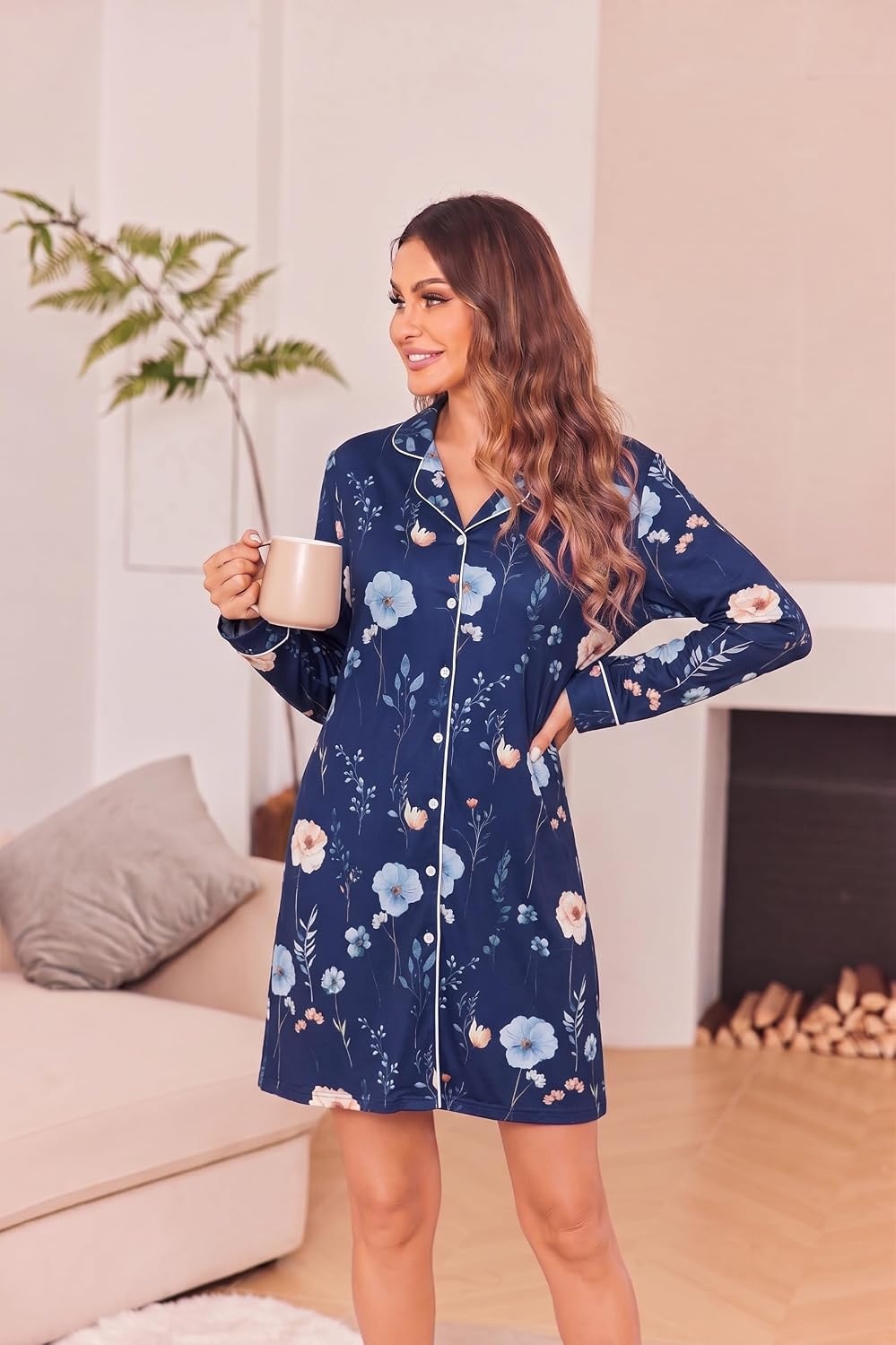 image:imageEkouaer Womens Nightgown Long Sleeve Nightshirt Soft Button Down SleepshirtNavy Floral