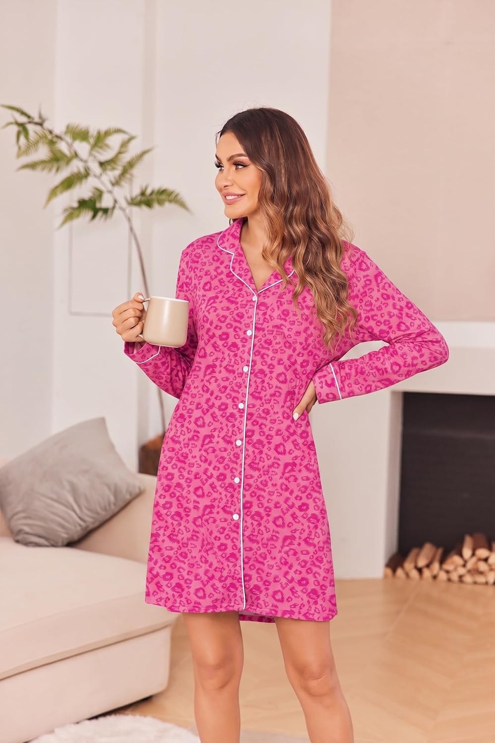 image:imageEkouaer Womens Nightgown Long Sleeve Nightshirt Soft Button Down SleepshirtPink Leopard