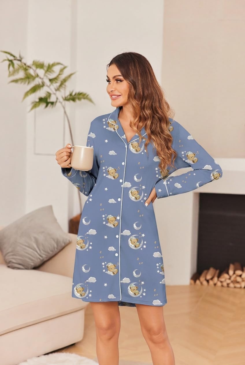 image:imageEkouaer Womens Nightgown Long Sleeve Nightshirt Soft Button Down SleepshirtTeddy Moon