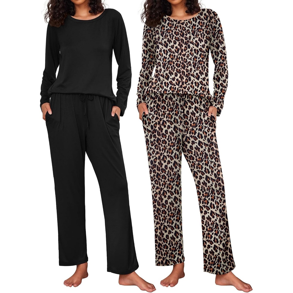 image:imageEkouaer Womens 2 Pack Pajama Sets Long Sleeve Lounge Set Soft Comfy PjsAblackLeopard