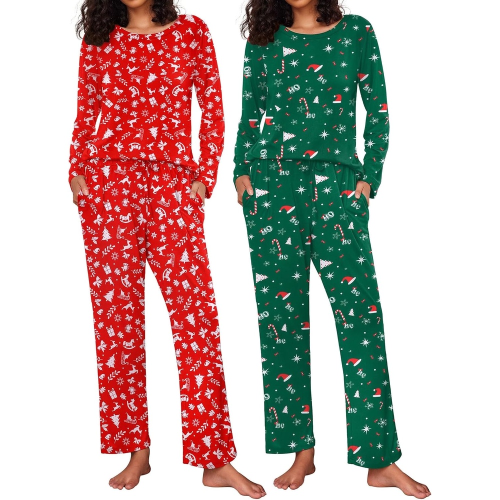 image:imageEkouaer Womens 2 Pack Pajama Sets Long Sleeve Lounge Set Soft Comfy PjsAchristmas RedXmas Green
